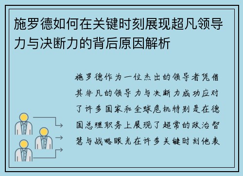 施罗德如何在关键时刻展现超凡领导力与决断力的背后原因解析