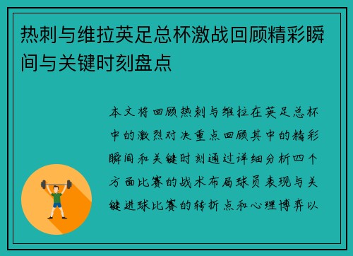 热刺与维拉英足总杯激战回顾精彩瞬间与关键时刻盘点