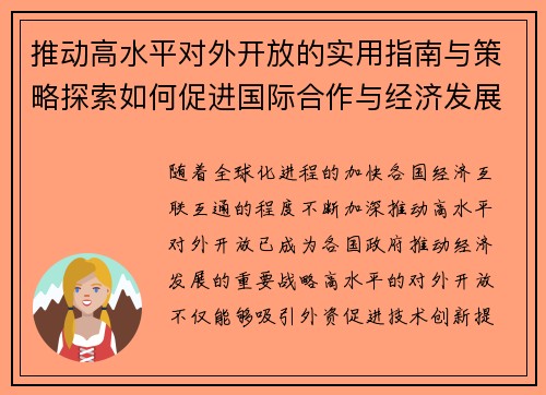 推动高水平对外开放的实用指南与策略探索如何促进国际合作与经济发展